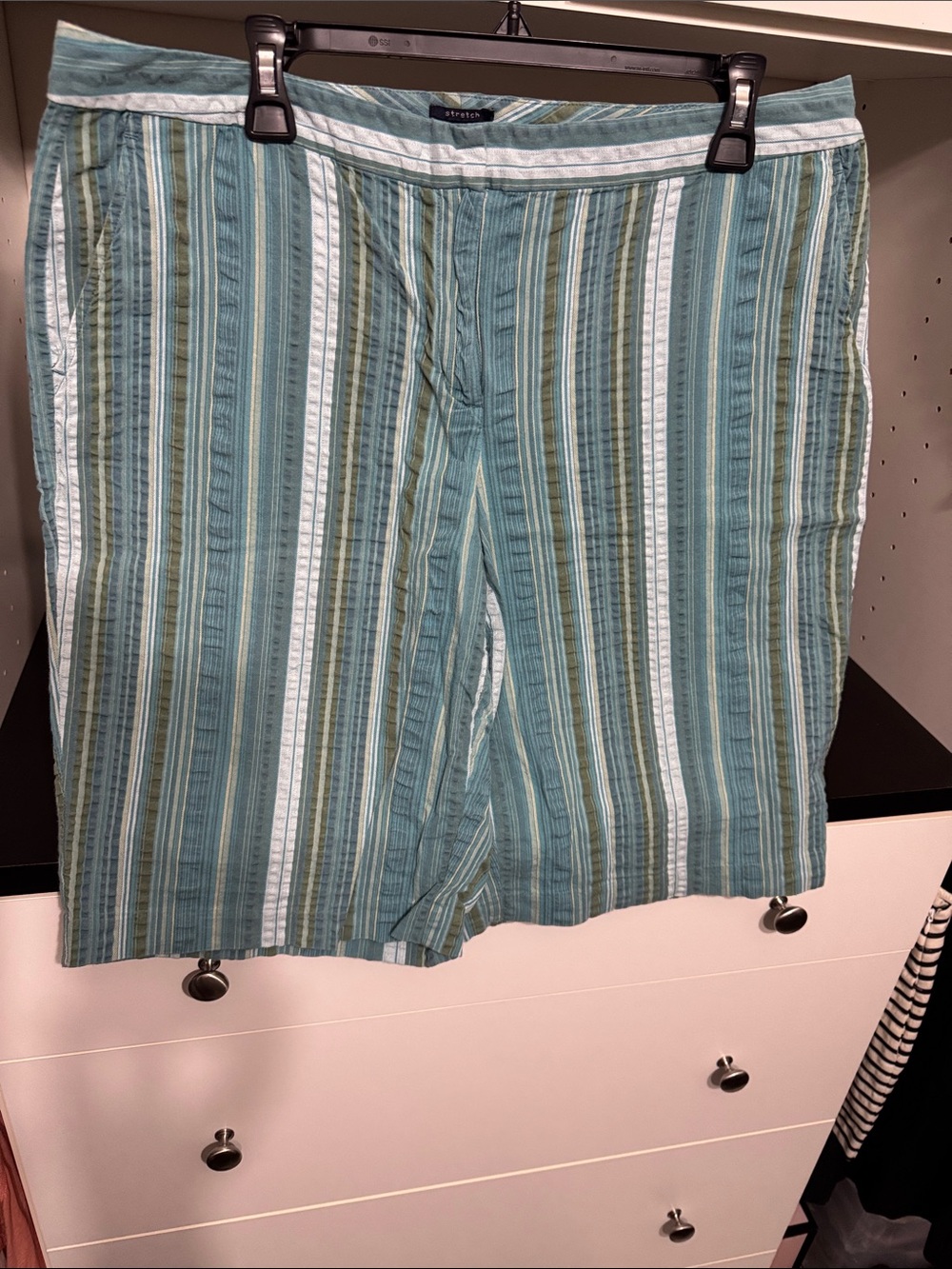 Izod Striped Cotton Shorts in Teal, Olive & White